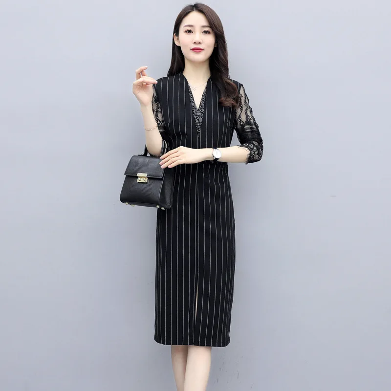 

Sense of Design Dark Skirt Women's Young-Style Stripes Elegance Deep-V Long Sleeve Sub-Dress Elegant Western Style Fashion Cool