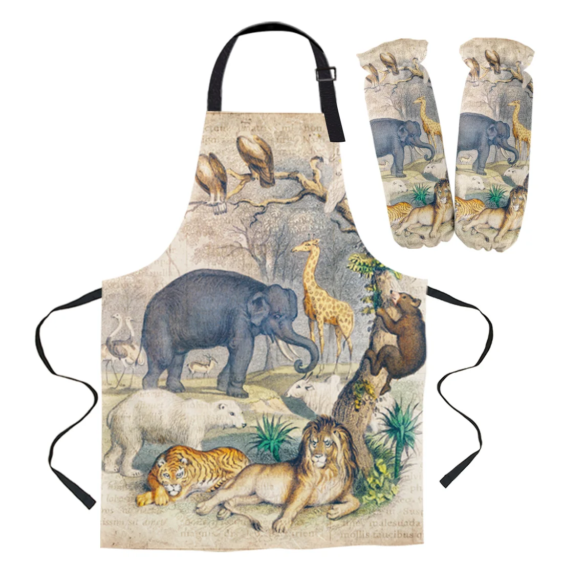 Vintage Elephant Lion Tiger Forest Kitchen Aprons Chef for Woman Kids Home Decor Apron Suit Gloves Cooking Baking Waist Bib Tool | Дом и сад