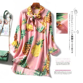 

Woman Dress Pure Silk Pineapple Printing 2020 Spring /Summer New Loose Straight Resort Style