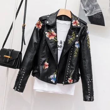 

Embroidery Floral Women Long Sleeve Cropped Short PU Leather Jackets Female Zippers Turn Down Collar Coat Streetwear Clothes