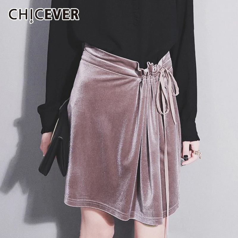 CHICEVER Korean Lace Up Ruched Skirt Women High Waist Oversize Casual Asymmetric Mini Skirts