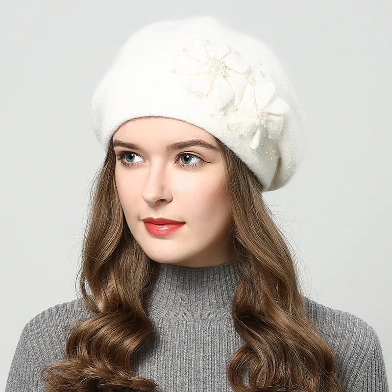 Autumn Winter Hat Women Rabbit Fur Double Layer Casual Flower Warm Beret Femme