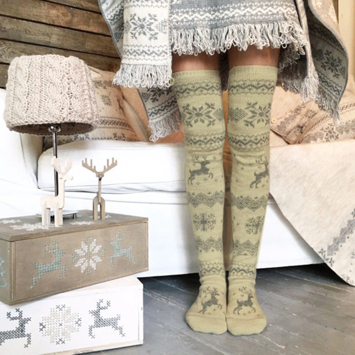 Осенние теплые гольфы с изображением рождественского оленя принтом снега для