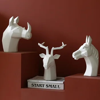 

Nordic Style Creative Living Room Study Wine Cabinet White Geometric Animal Elk Head Horse Head Ceramic Ornament Decoration
