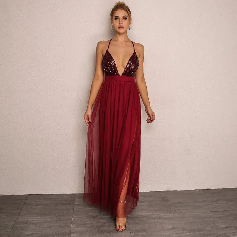 PFFLOOK Mesh Sequin Sexy Maxi Dress Women Deep V Neck Cross Back Backless Long Dress Elegant Sleeveless Solid Summer Party Dress