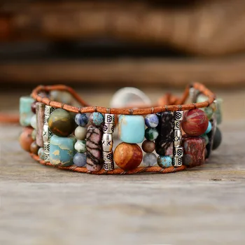 

Bohemian Vintage Leather Wrap Bracelets W/ Japsers Stone Beaded Strand Cuff Bracelet Handmade Bohemian Jewelry Dropship