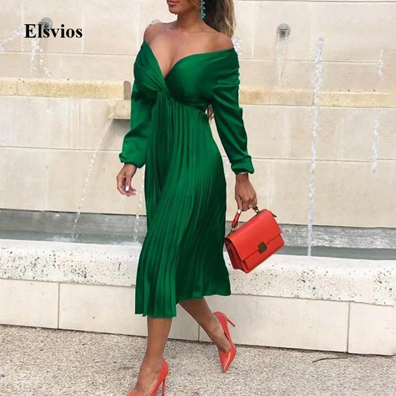 

Elsvios Sexy V Neck Off Shoulder Dress Women Solid Elegant Pleated Party Dress Autumn Winter Female Long Sleeve Dress Vestidos