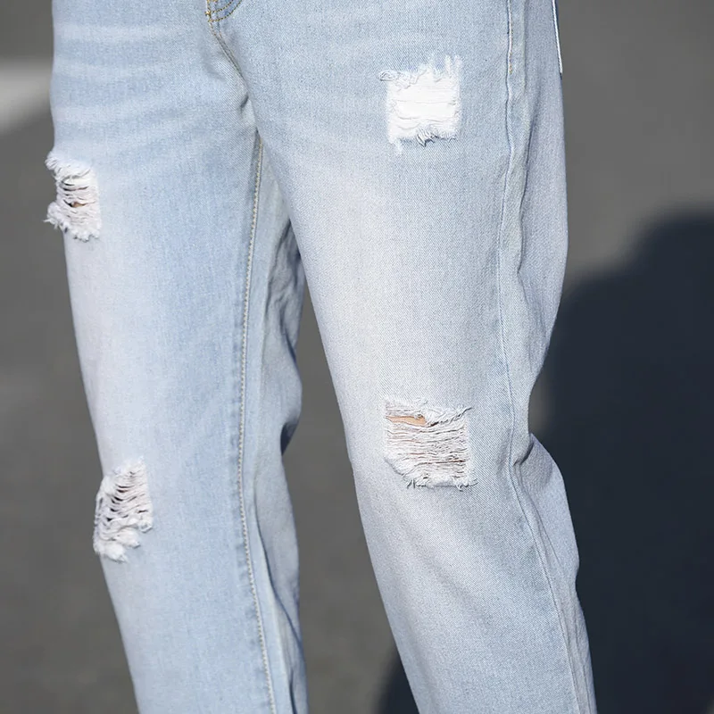 Flash Sale Spring and autumn fashion men's cotton and linen stretch jeans trousers loose holes denim street Korean tight skinny pants