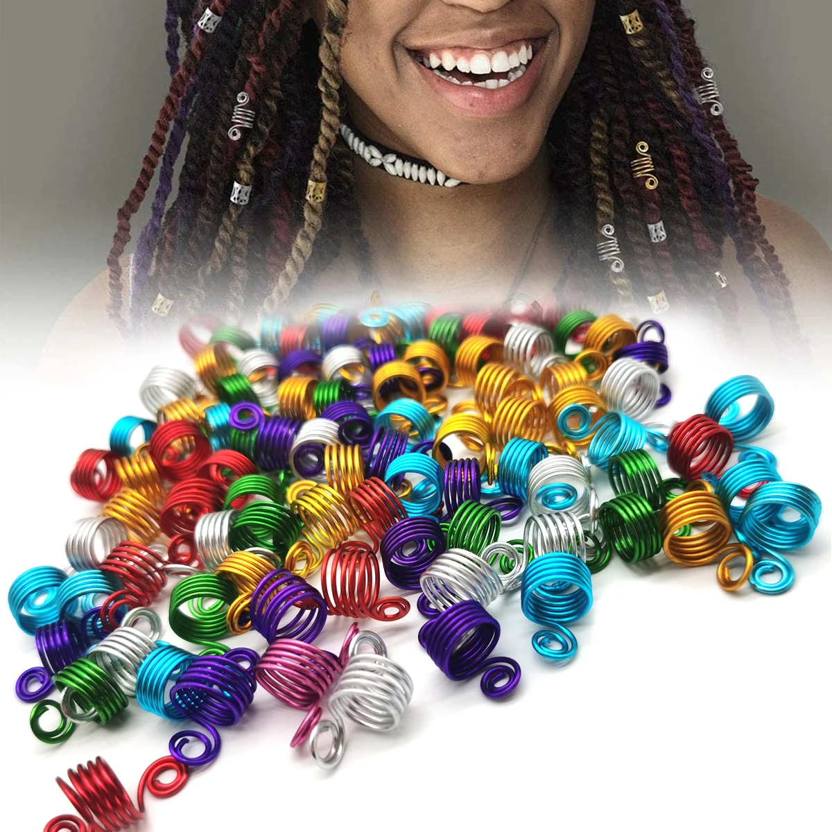 50PCS Mixed Color Dreadlock Beads Adjustable Hair Braids Rings Cuff Clips Tubes Charm Jewelry Accessories Extension 6