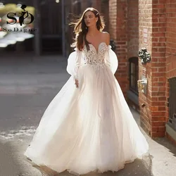 SoDigne Princess Wedding Dresses Country Scoop Neck A Line Boho Lace Appliques Beach Long Sleeves Muslim Arabic Bride Gowns