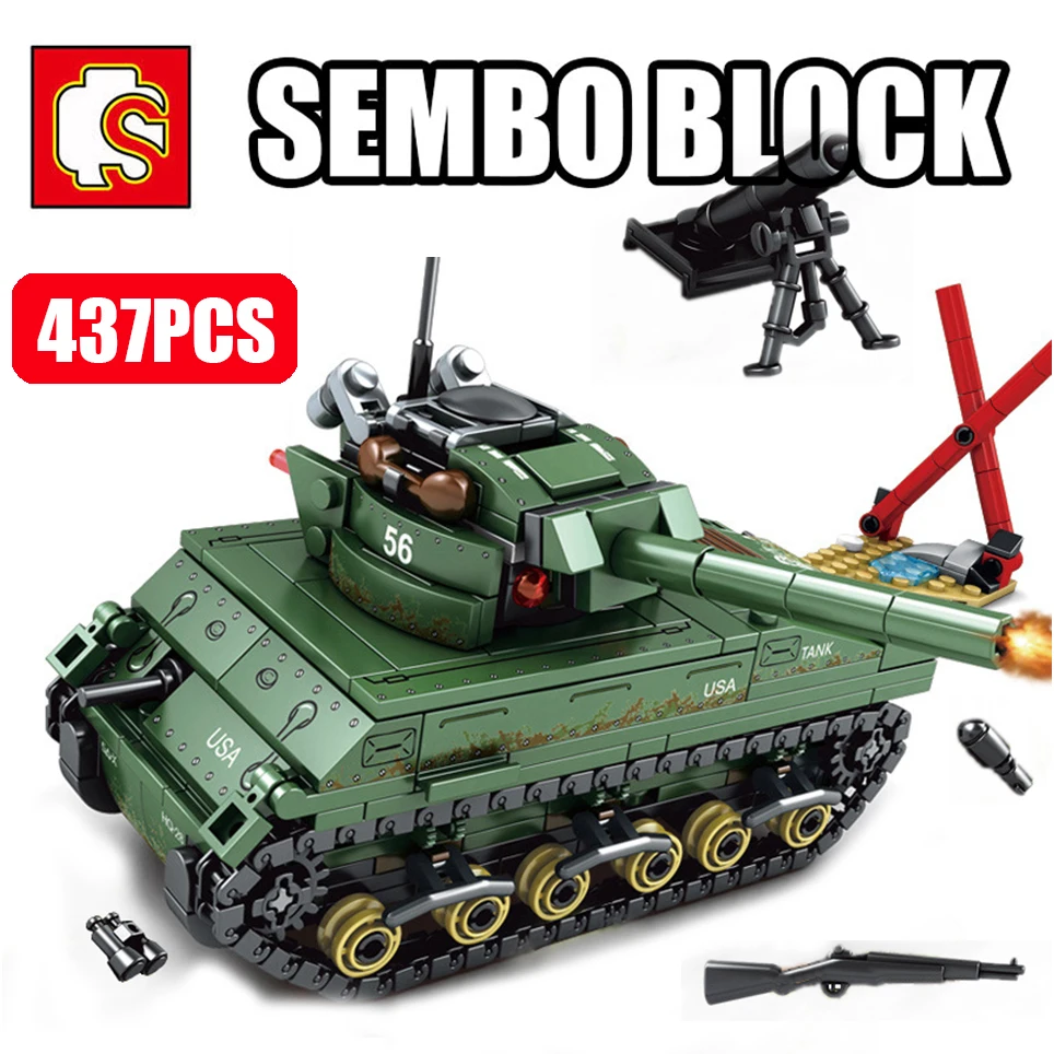 

SEMBO Military M4 Sherman Tank WW2 Building Blocks Model Set Army Weapon Soldier Figures Bricks Toys for Children Boys Gifts