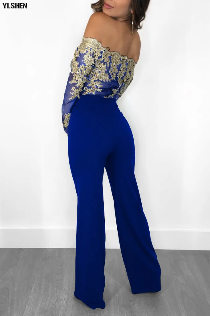 Women Jumpsuit Sexy Lace Ladies Jumpsuits Party Casual Wide Leg Overalls Off Shoulder Long Sleeve Romper Skinny Rompers Trousers 06