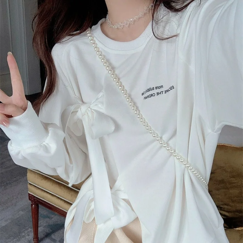 New Sweet Bandage Hoodies Oversized Women Autumn O-Neck Long Sleeve Tops Kawaii Bow Pullover Sweatshirts Woman