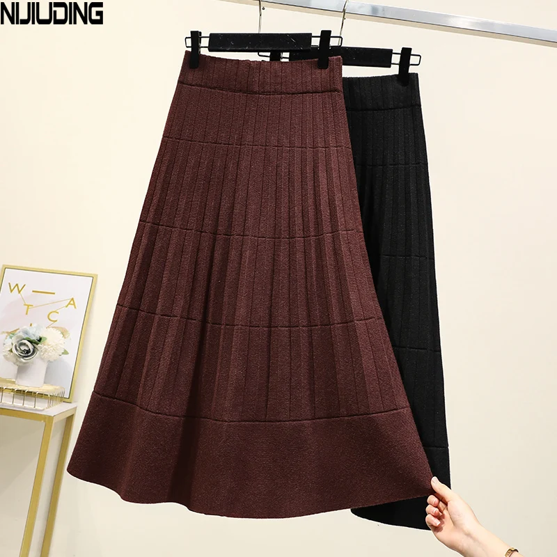 

NIJIUDING Thick Elastic High Waist Knitted Pleated Skirt Women's Winter Wild Ruffle Solid Color A Line Mid Calf Long Office Lady