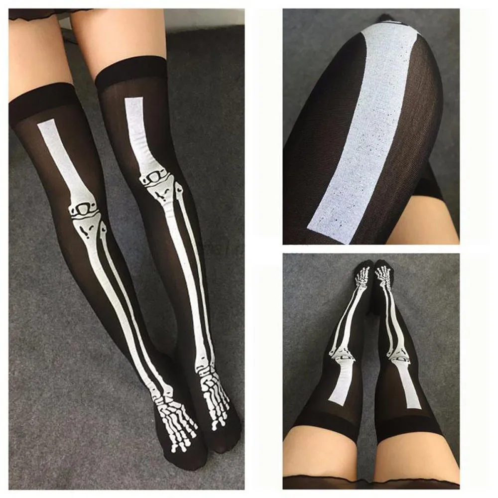 

1 Pair Women Stockings Skeleton Bone Foot Halloween Over The Knee Costume High Stockings Calcetines Mujer Meias L58