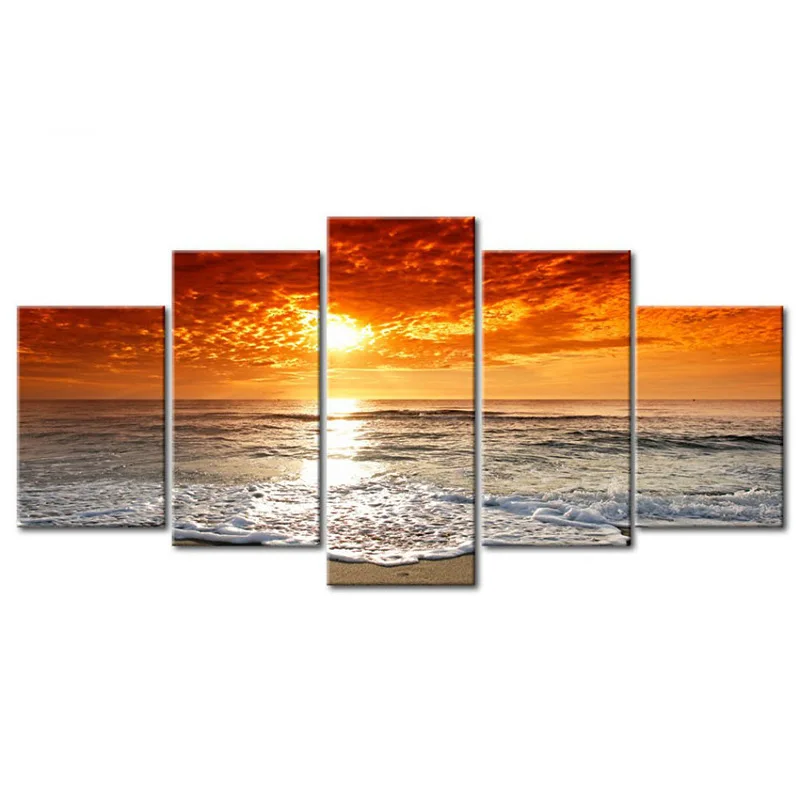 

Sea Sunrise Sunset Seaside Scenery 5-frame Painting Family Decoration Combination Canvas wu kuang hua xin Wish Hot Selling