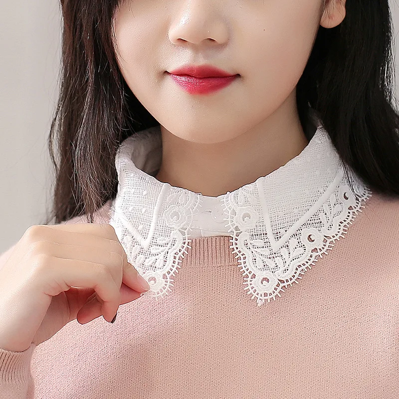 Korean style White fake collar ladies Blouse 2019 Autumn Lace turndown collar Winter Elegant Women Fake Half Shirt Detachable