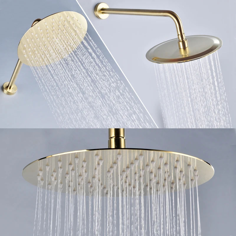 

Free Shipping 8/10/12 Inch Stainless Steel Rainfall Shower Head Bathroom Square Round Showerhead Arm Accessory Brushed Gold G1/2