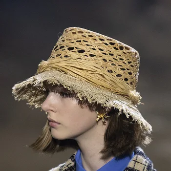 

202003-YY new Fashion Show Hollow knitting raffia grass lady cap women holiday sun hat