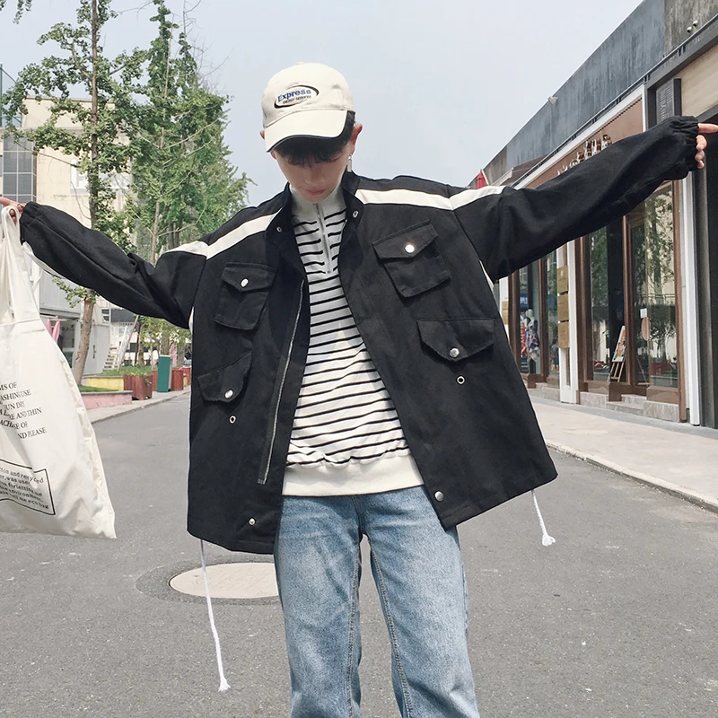 Autumn New Tooling Denim Jacket Men Fashion Collision Color Multi-pocket Denim Jacket Man Streetwear Hip-hop Loose Bomber Jacket