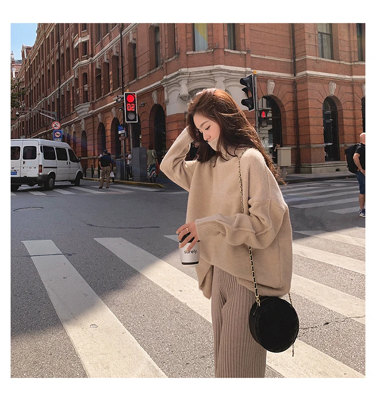 New Autumn Winter Women Loose Knitted Sweater Turtleneck Sweater Long Sleeves  Outwear Solid Pullover