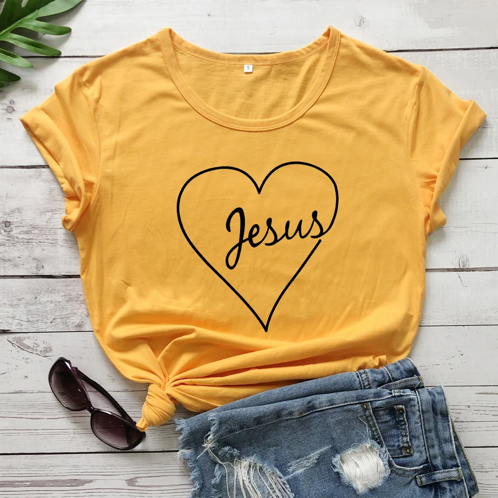 Винтажная футболка с принтом в виде Сердца Иисуса, подарок на день Святого Валентина, летняя футболка для мужчин и женщин, вдохновляющая религиозная церковь, графические футболки, топы - Цвет: yellow-black text