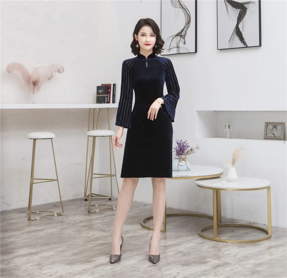 Шанхай история с длинным рукавом велюр сплит-соединение Cheongsam по колено Qipao темно-синий