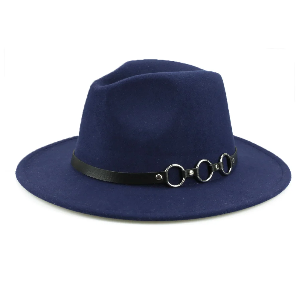 YY металлические кольца ремень Fedora кепки женские зимние с широкими полями фетровые шляпы мужские винтажные Трилби Джаз кепки весенние шапочки FD19065 - Цвет: Navy Felt Cap