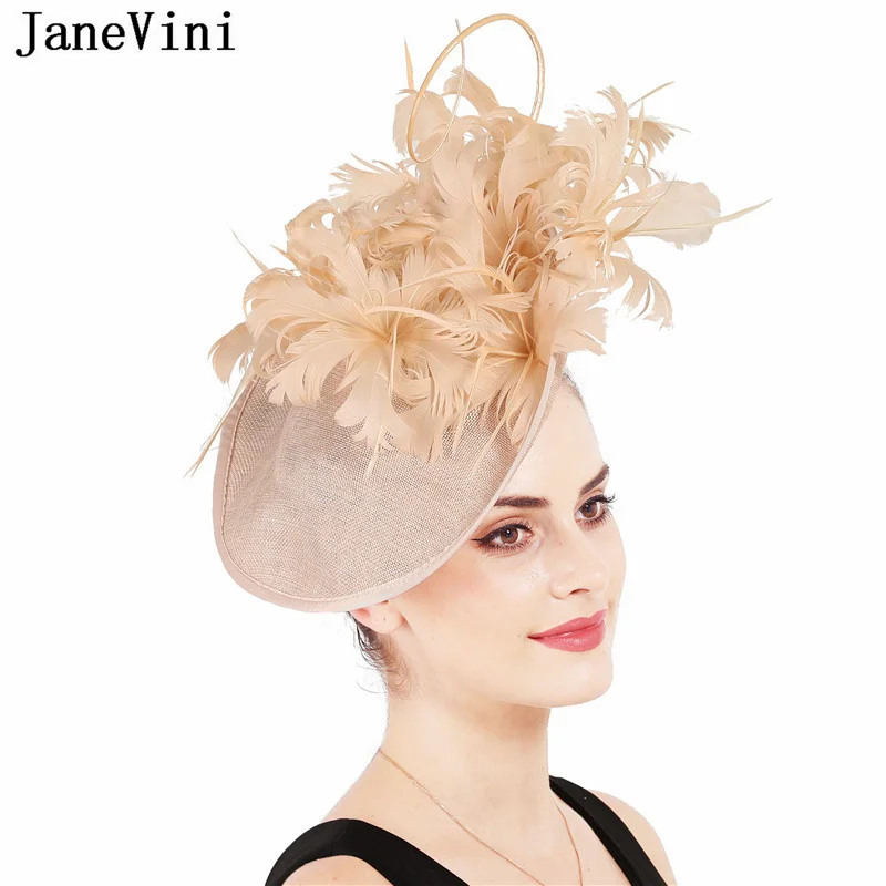 JaneVini Vintage Women Feather Flower Fascinator Hat Ladies Hair Accessories Evening Wedding Party Headband Bridal Hats Headwear