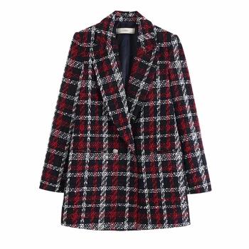 

Vintage women red plaid long suit jacket spring-autumn fashion office ladies slim elegant loose coat female feminine outwear top