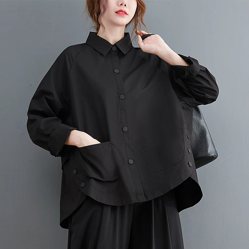 Patchwork Button Pocket Green Oversized Blouse Women New Long Sleeve Loose Casual Shirt Tops Fashion Clothes Spring Autumn 2025