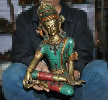 

wedding decoration 14" Tibet Temple Bronze inlay Turquoise coral Jewel Tara Kwan-yin Buddha Statue