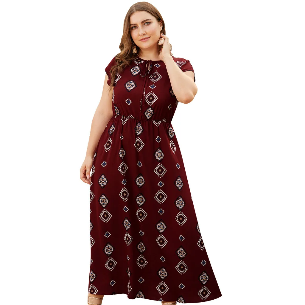 

2019 Elegant Women's Plus Size O-neck Tie Short Sleeve High Waist Holiday Floral Print Floor-Length Dress vestidos de verano