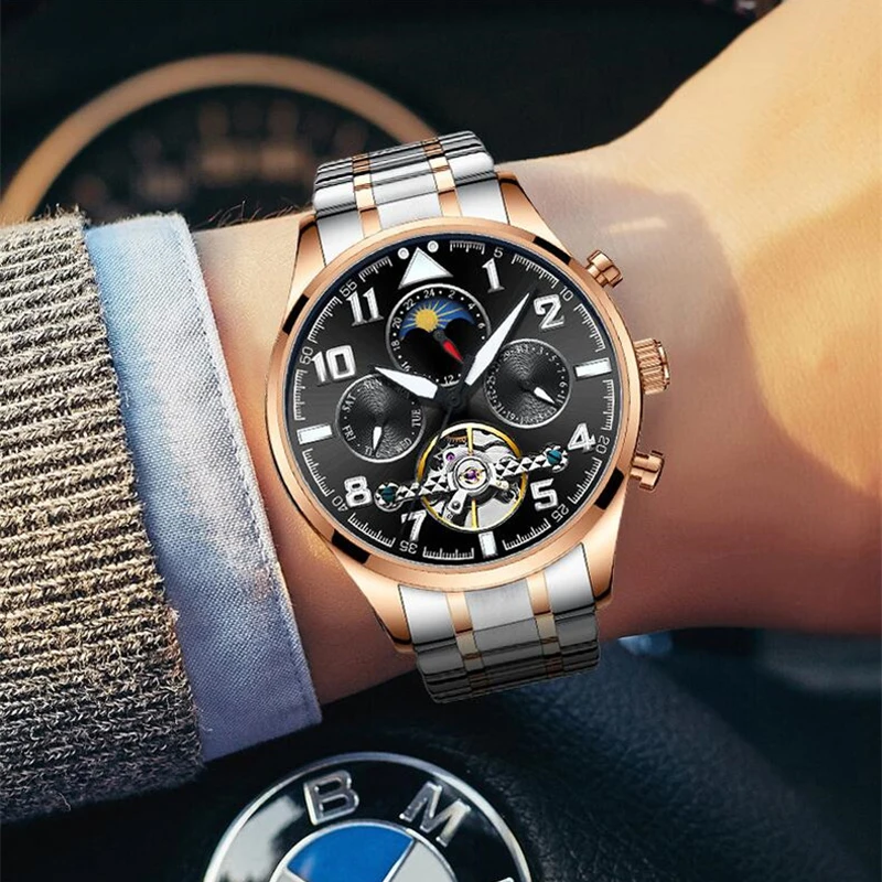 AILANG Tourbillon механические часы мужские наручные автоматические Ретро часы мужские водонепроницаемые черные полностью стальные часы Montre Homme