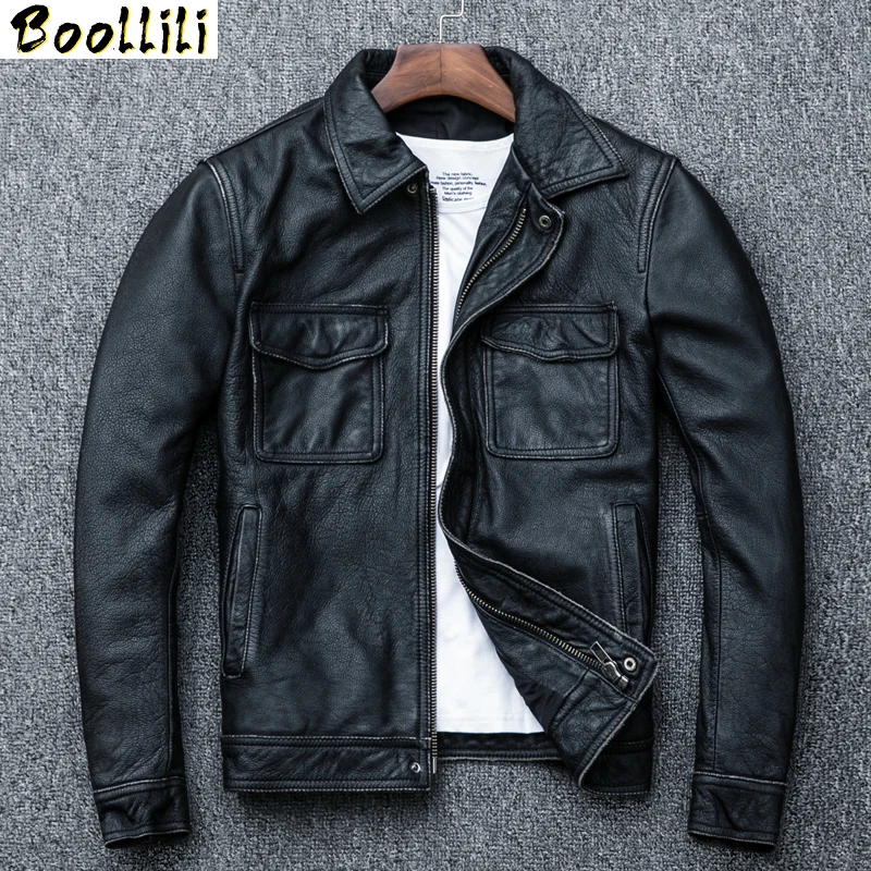 

Boollili Genuine Cow Leather Jacket Men Plus Size Cowhide Leather Coat Short Bomber Jacket Veste Cuir Homme Vintage