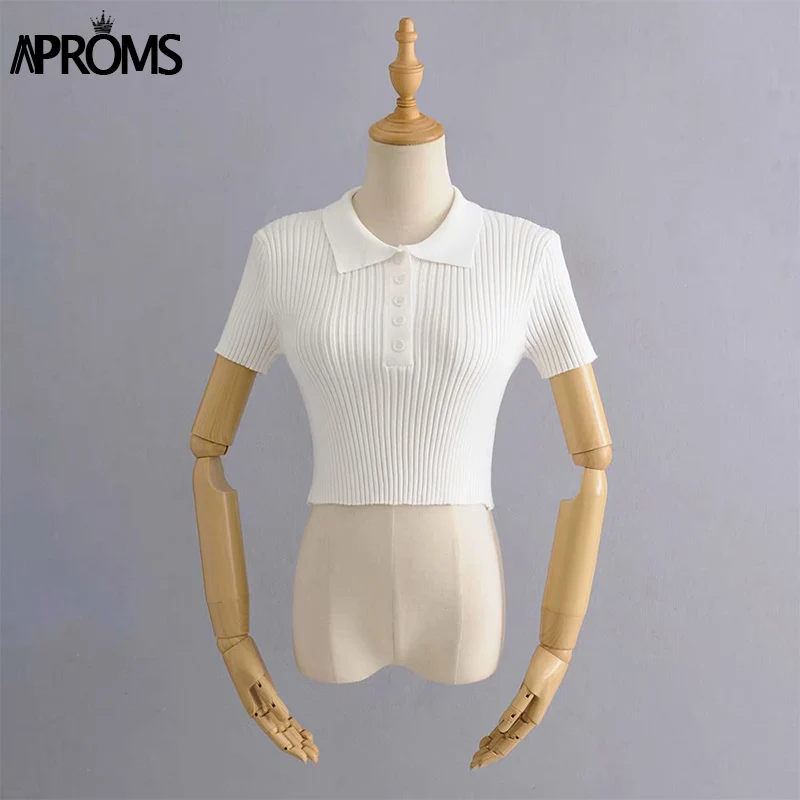 Aproms, Ретро стиль, высокая талия, короткий рукав, базовая футболка,, уличная одежда, вязаная футболка, Женская белая футболка, короткий топ для женщин, одежда - Цвет: Белый
