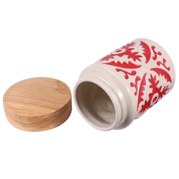 

Ceramic Grain Canister Food Kitchen Sealed Storage Container Creative Empty Storage Jar Dried Fruit Jar with Wooden Lid (Red)