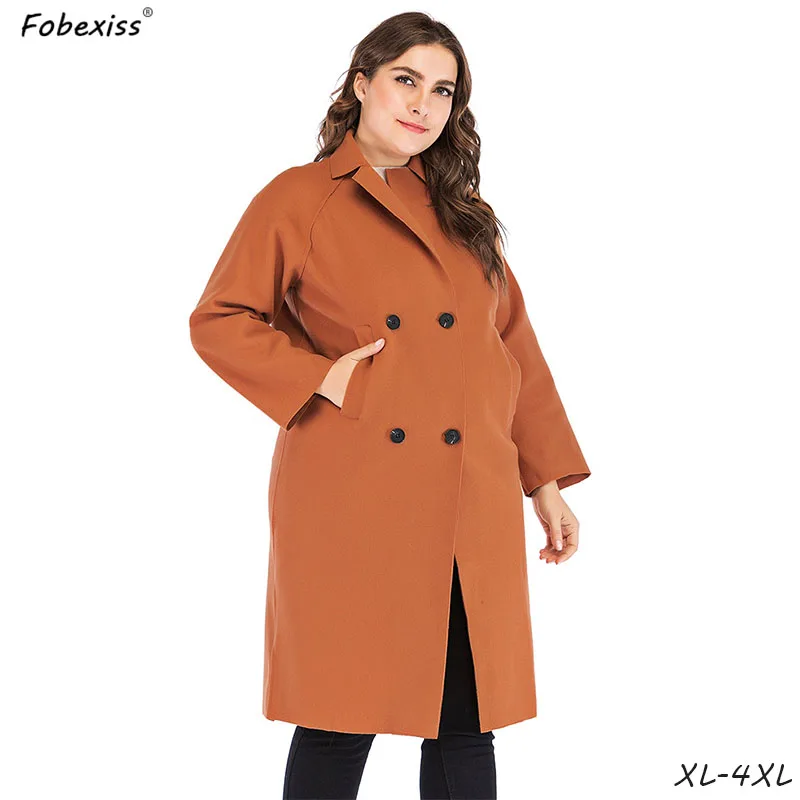 

Khaki Wool Coat Plus Size 4XL Long Winter Woolen Coats Women Double Breasted Plain Solid Loose Overcoats 2019 Fashion Women Coat