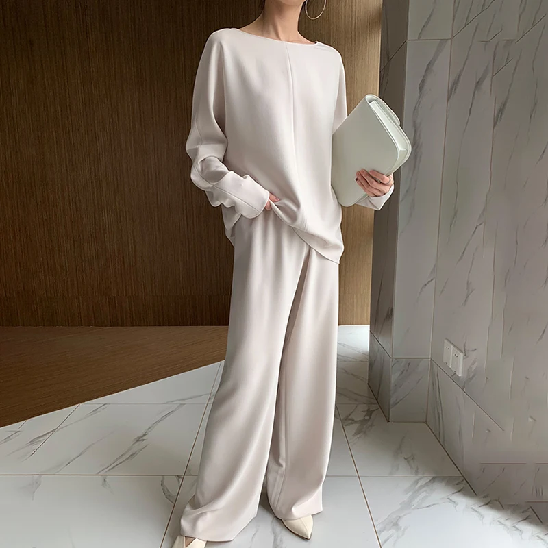 TWOTWINSTYLE Solid Casual Women Two Piece Set O Neck Long Sleeve High Waist Wide Leg Pants Female Suits 2020 Fashion Autumn New