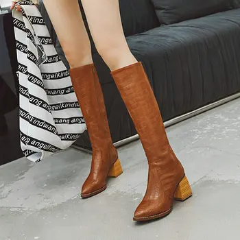 

Fashion Women Knee High Boots Square Heel Pointed Toe Women Boots Zipper Boots Snake Print Women Shoes Black Brown