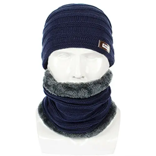 Navy blue Новое поступление мужская зимняя шапка, шарф, наборы бини, мешковатая теплая шерстяная флисовая Лыжная шапка и шарф, набор шейных Платков - Цвет: Navy blue