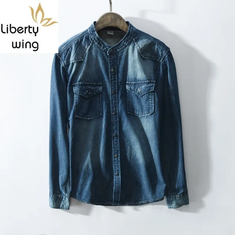 

New Men's Denim Shirts Washed Korean Style Slim Stand Jeans Camisas Para Hombre Long-Sleeve Casual Shirt for Men