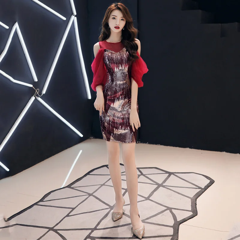 

Evening Dress F015 Sparkling Sequins Robe De Soiree Off The Shoulder Half Sleeve Women Party Gowns O-Neck Formal Dresses