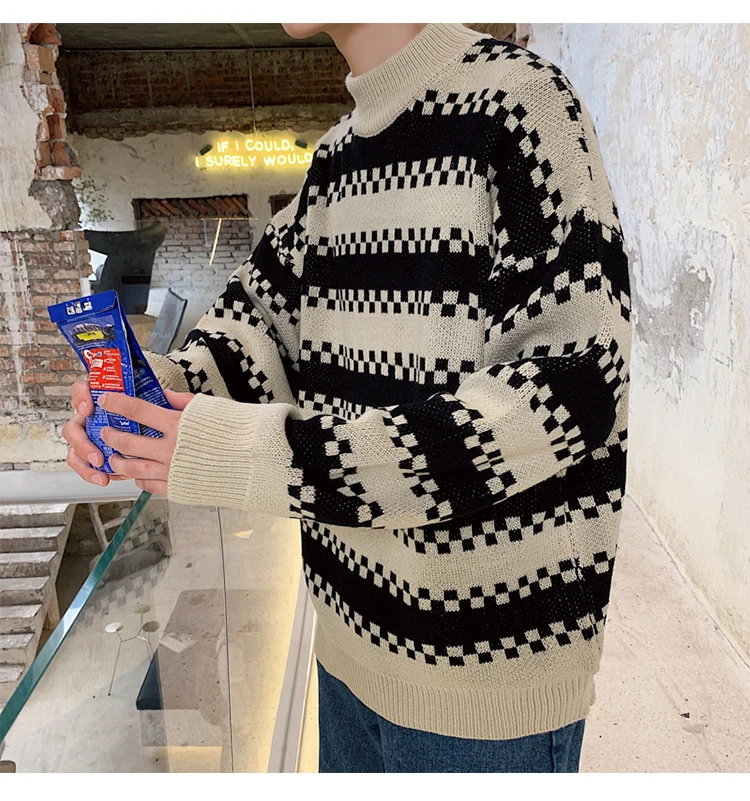 Winter New High Collar Sweater Men Warm Fashion Contrast Color Casual Knit Pullover Male Clothes Loose Long Sleeve Sweater Men