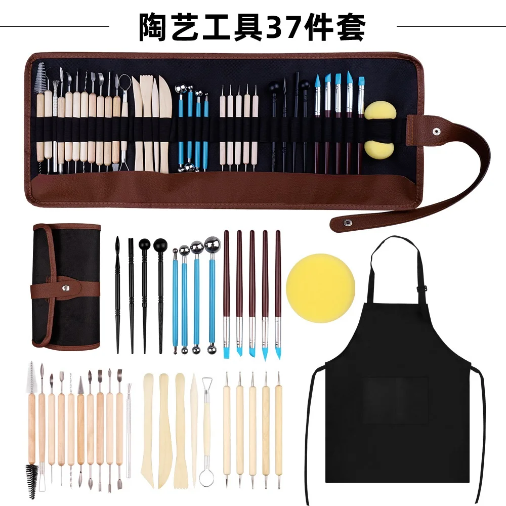 37pcs Pottery Clay Sculpting Tool Set with Carrying Case Artist Apron Double Sided Sturdy Carving Chipping Tool kit for Beginner