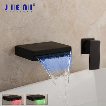

JIENI Matte Black Soild Brass Bathtub Faucet Waterfall LED Change Wall Mount Bathroom Water Basin Sink Mixer Tap Bathtub Faucet