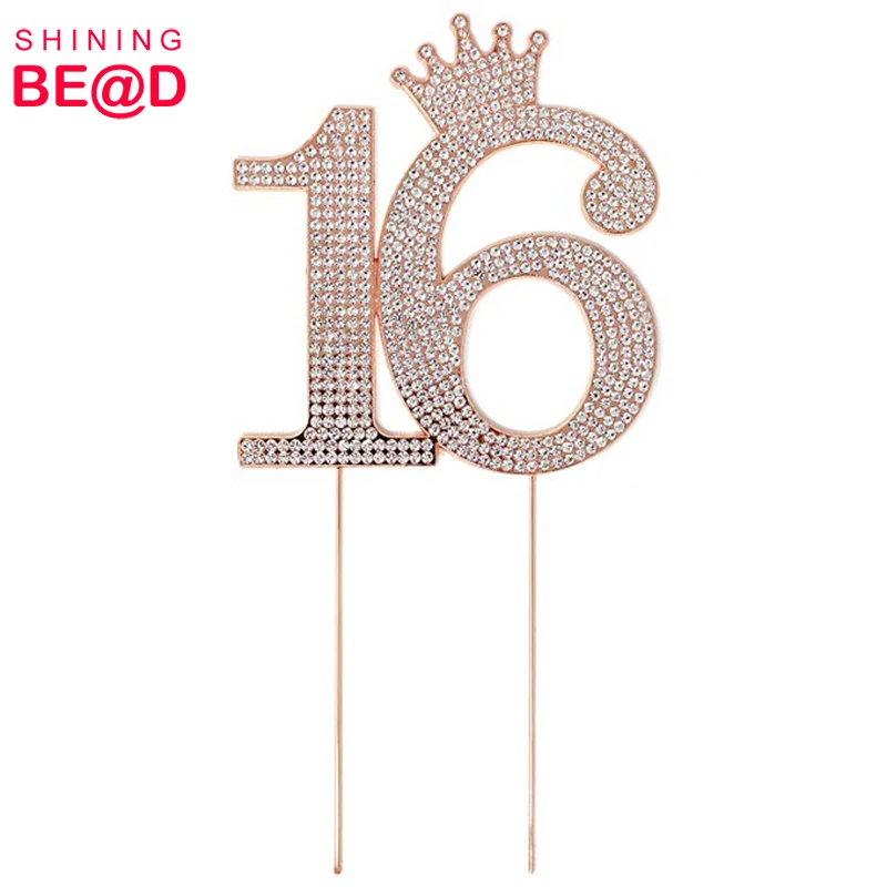 Лидер продаж розовое золото металл номер 16 корона принцессы из страз монограмма торт Топпер для Сладкий 16th день рождения