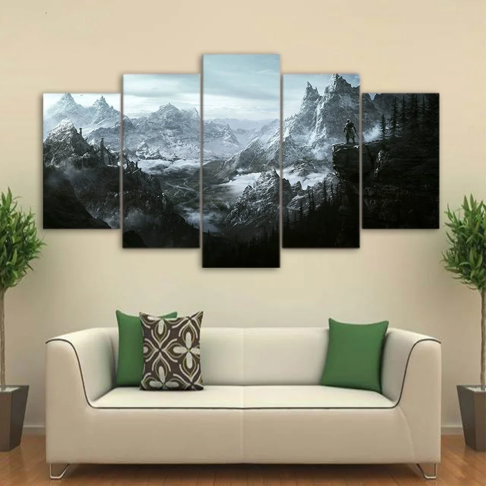 5 Piece Video Game  Skyrim Dragon  Posters and HD Prints Landscape Pictures Canvas Painting for Living Room Wall Art Home Decor (1)