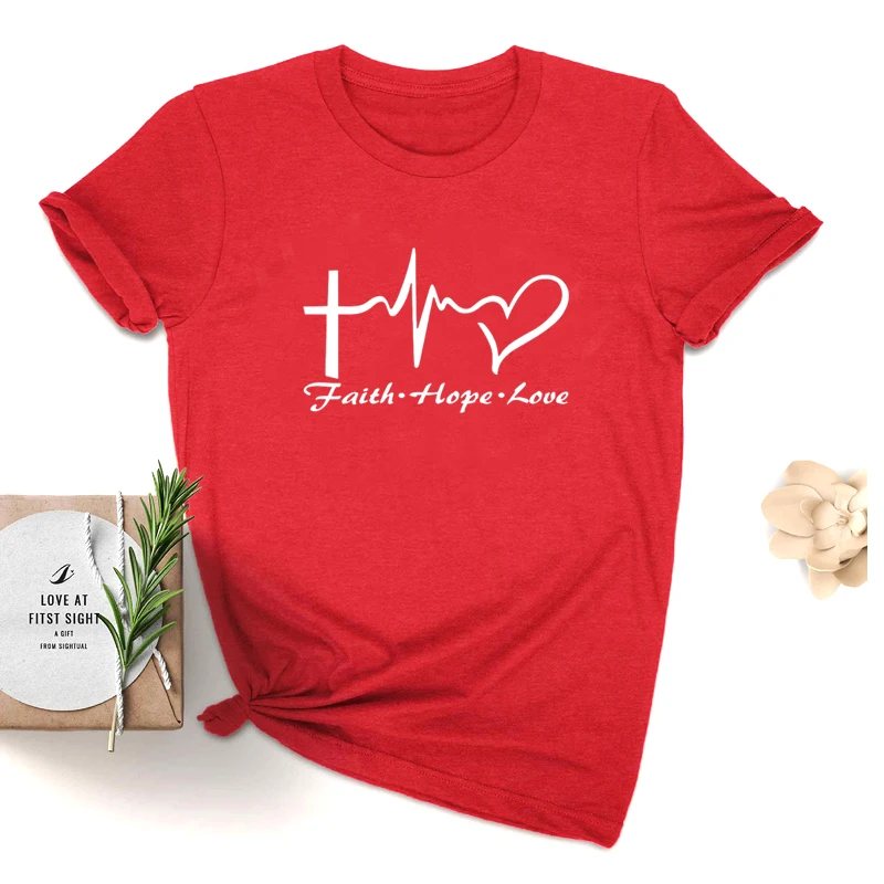 Faith Hope Love, женская футболка, христианский крест, сердцебиение, графическая футболка, с надписью Jesus Bless Believe, футболки, хлопковые повседневные топы, Прямая поставка