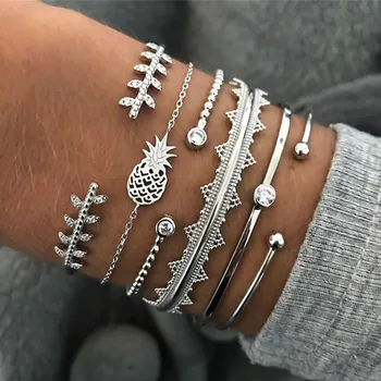 

UODCM Bohemian Vintage Silver Color Pineapple Leaves Bracelet Cuff Bangle Set For Women Party Fashion Boho Bracelet Jewelry